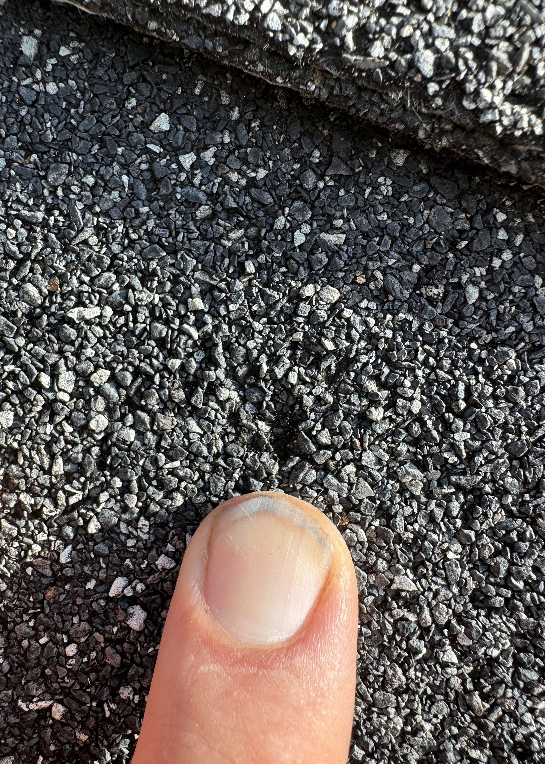 Close up of asphalt shingle with hail damage Hailstone damage to asphalt shingle