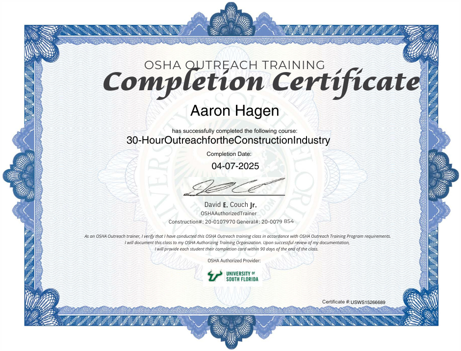 OSHA 30 Hour Construction Certificate