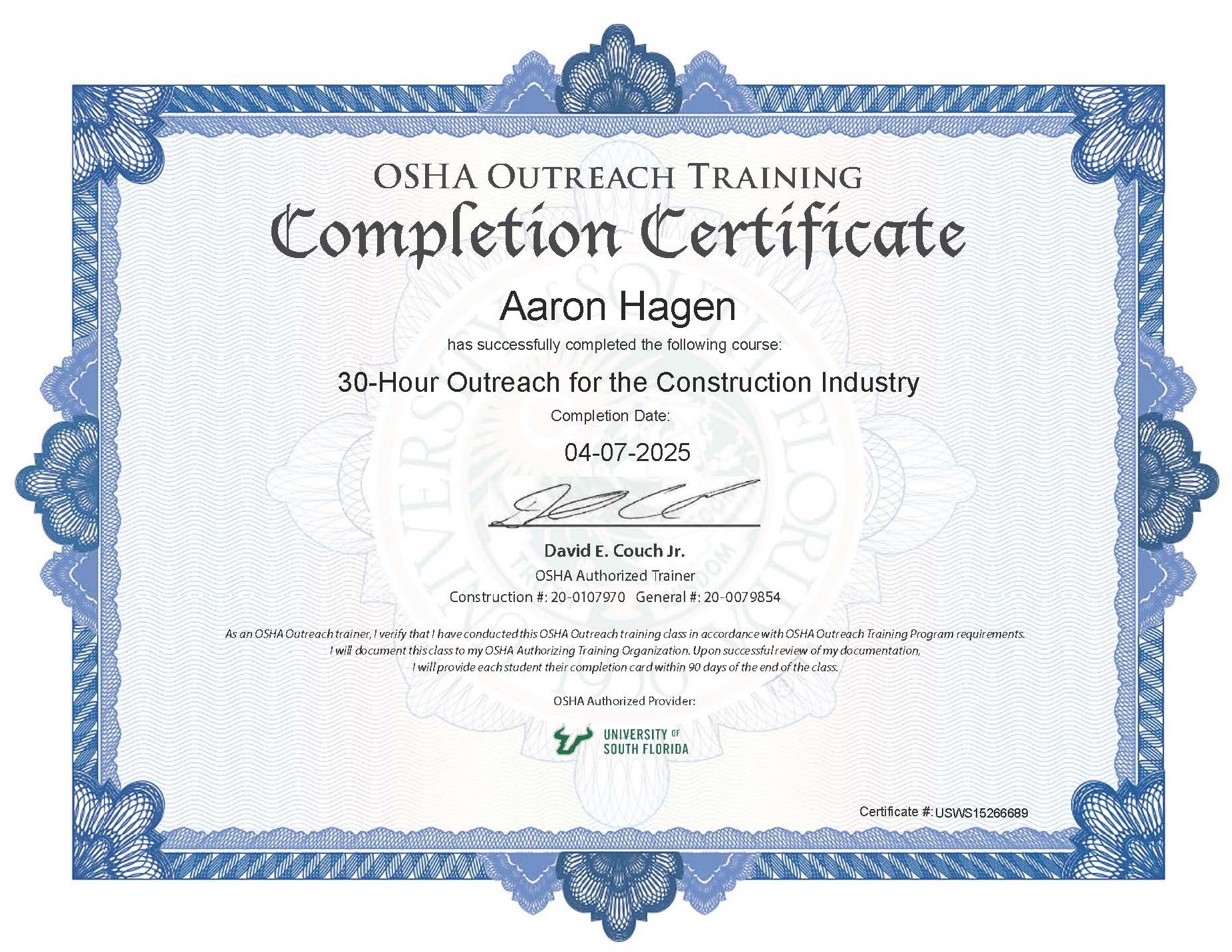 OSHA 30 Hour Construction Certificate
