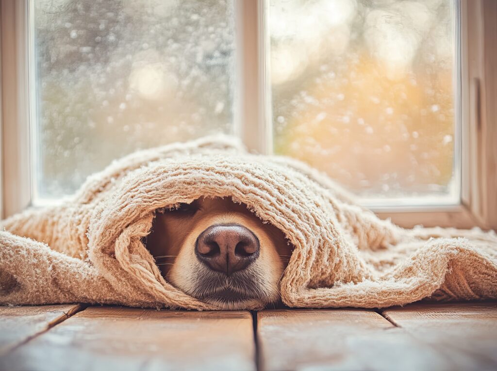 Dog bundled up by drafty window