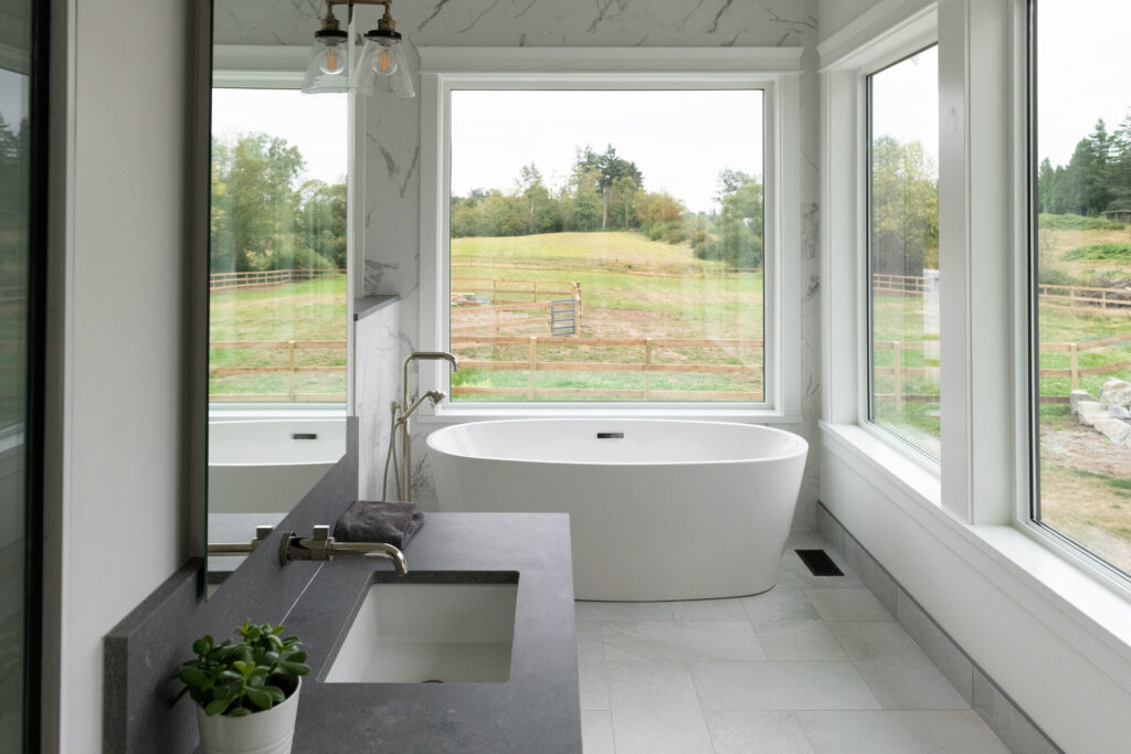 Farmhouse bathroom makeover with modern windows